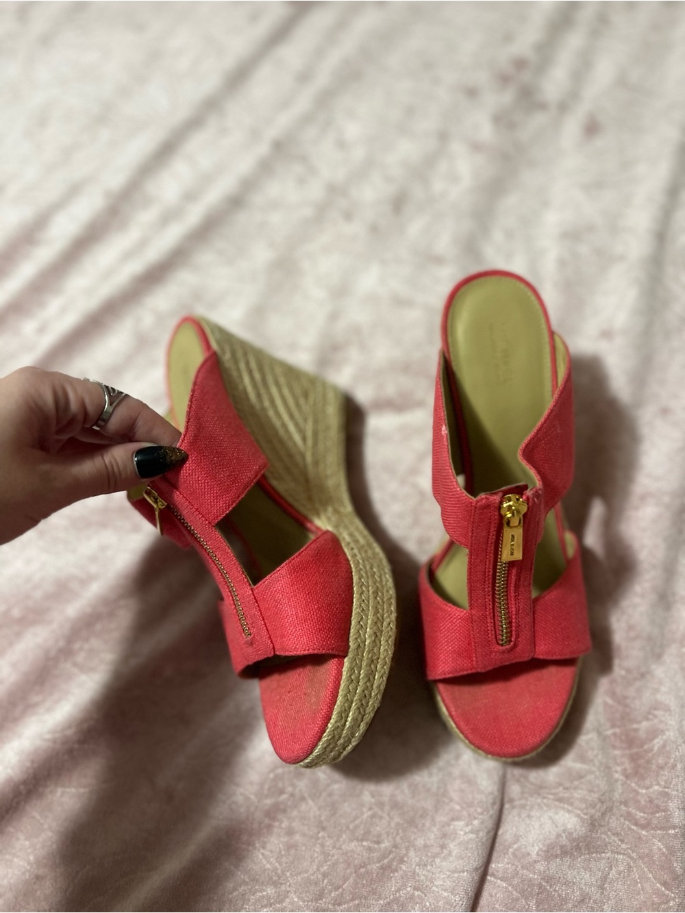 Michael Kors Coral Canvas Espadrille Wedge Sandals with Gold Zip